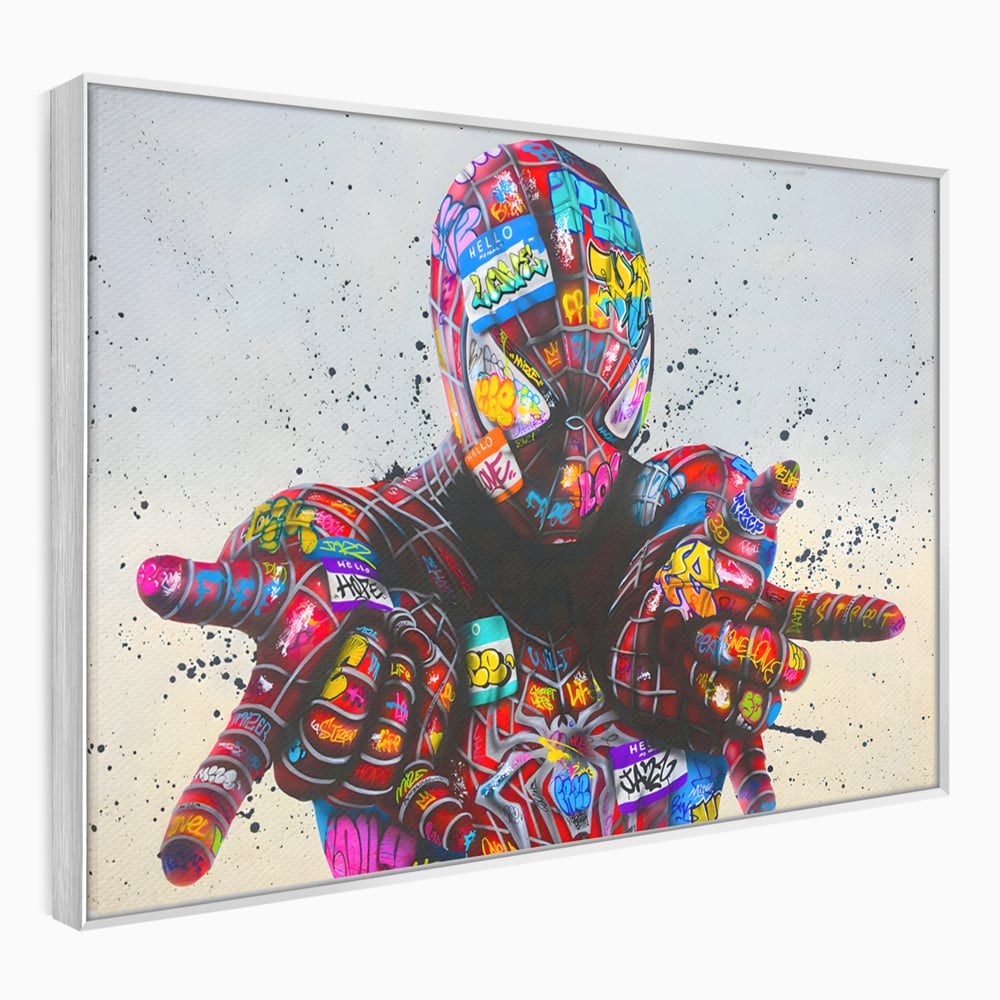 Tablou canvas cu tablou canvas cu omul paianjen in stil grafitti, in rama de aluminiu argintiu